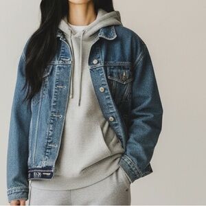 Vintage 90s B.U.M. Equipment Denim Jean Jacket logo hem streetwear classic basic